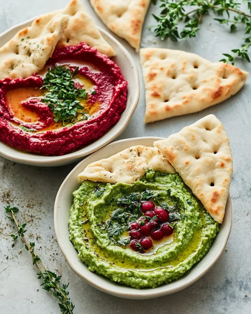 Dúo de Hummus Rojo y Verde con Árboles de Pita First Image First Image
