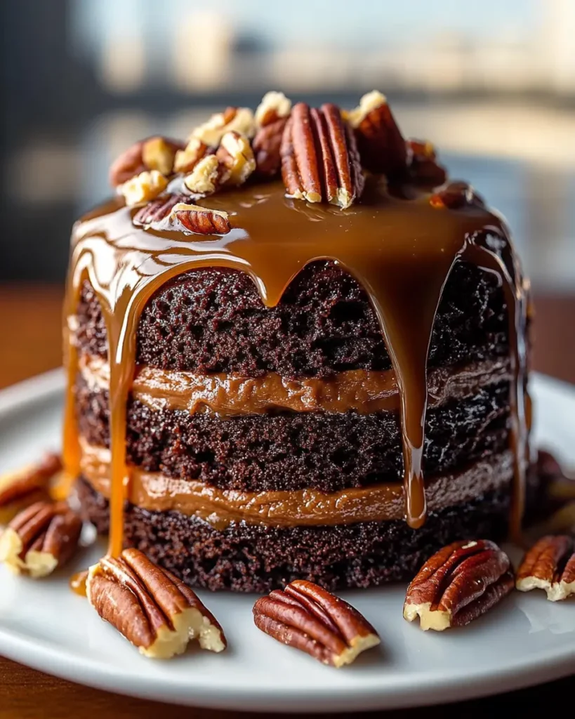 Pastel de Chocolate Decadente con Caramelo y Nueces Pecanas First Image First Image
