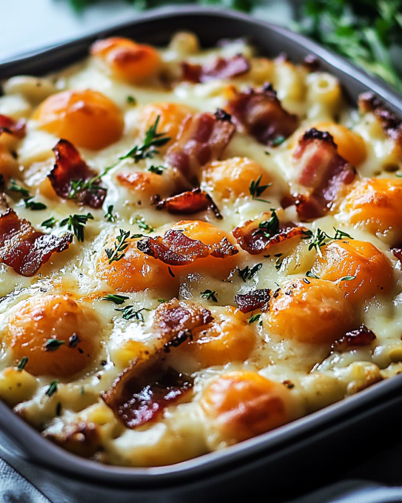 Cazuela de Macarrones con Queso, Bacon y Hamburguesa BBQ