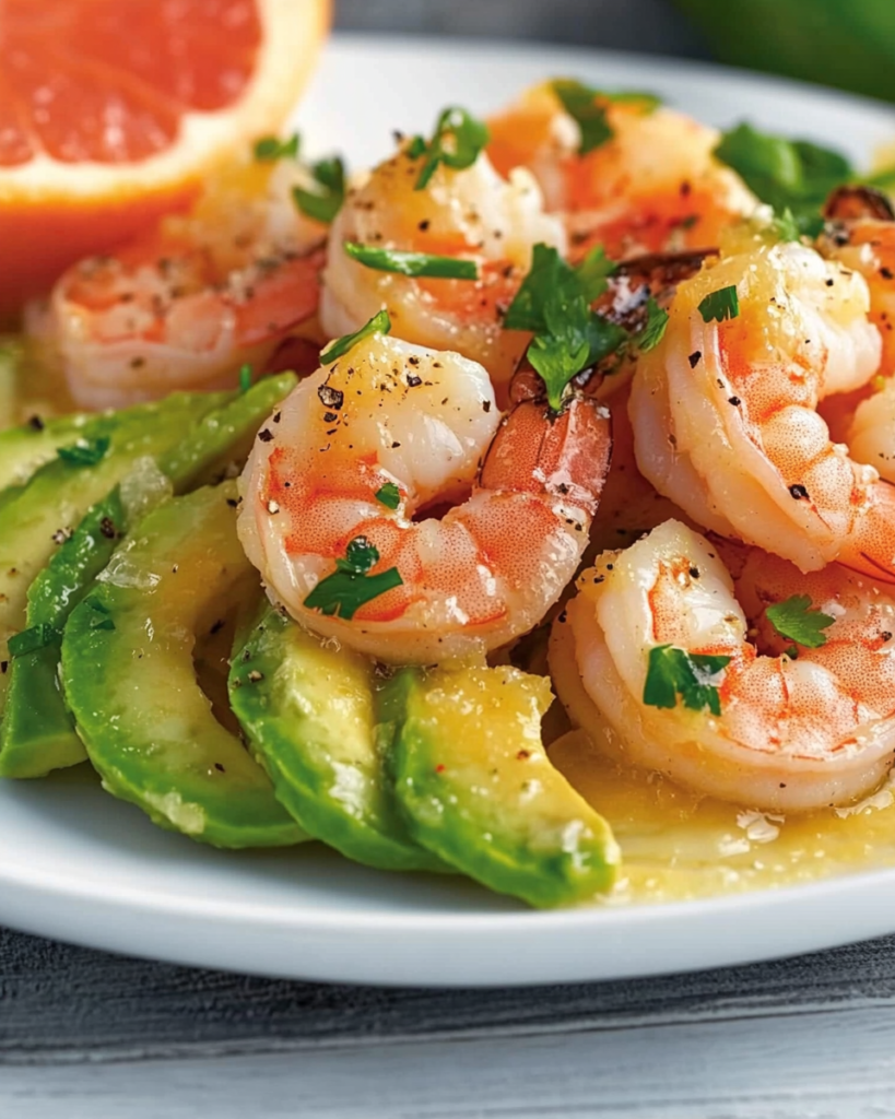 Ensalada de Pomelo, Aguacate, Cilantro Fresco y Camarones Rosados