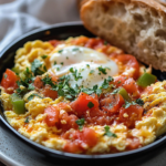 Menemen Turco con Pan Crustáceo y Huevos Revueltos Suaves