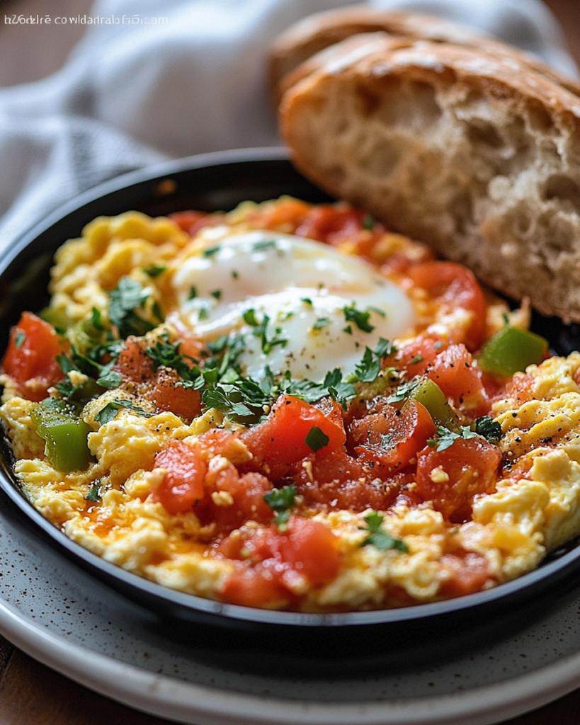 Menemen Turco con Pan Crustáceo y Huevos Revueltos Suaves
