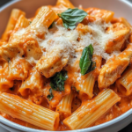Rigatoni con salsa cremosa de tomate y pollo
