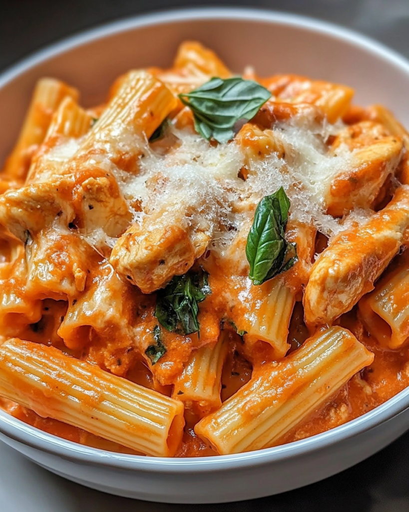 Rigatoni con salsa cremosa de tomate y pollo