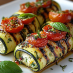 Rollitos de Calabacín a la Parrilla Rellenos de Ricotta de Limón y Albahaca con Tomates Asados Lentos