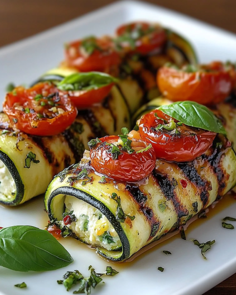 Rollitos de Calabacín a la Parrilla Rellenos de Ricotta de Limón y Albahaca con Tomates Asados Lentos