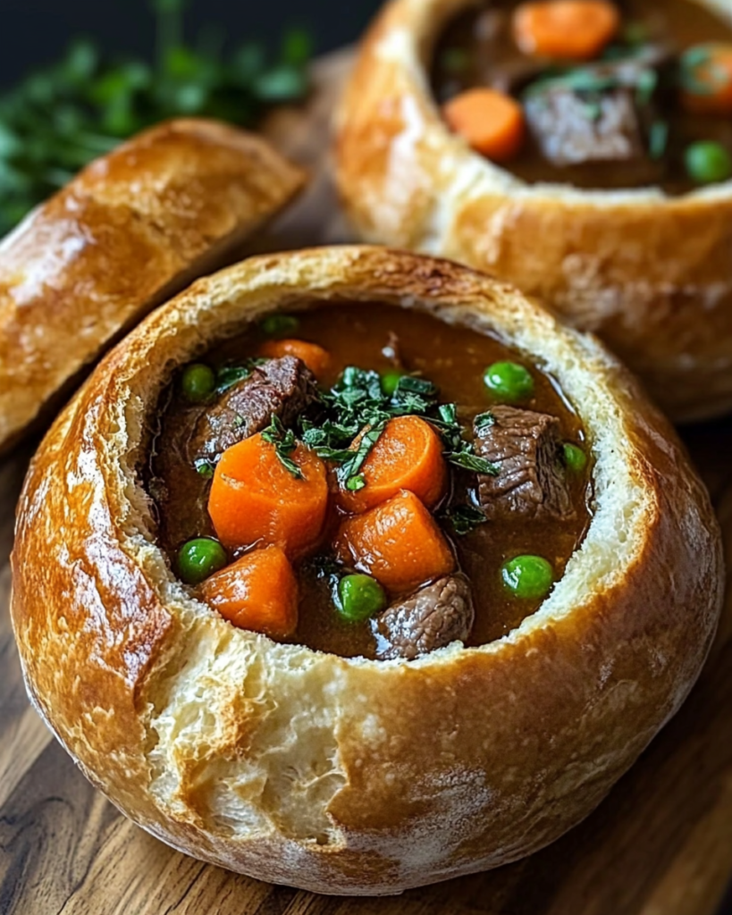 Sopa Caliente de Estofado de Res en Tazones de Pan