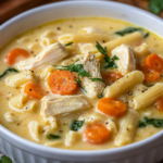 Sopa Cremosa de Pasta con Pollo, Zanahoria y Espinacas
