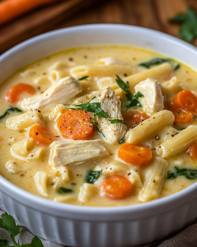 Sopa Cremosa de Pasta con Pollo, Zanahoria y Espinacas