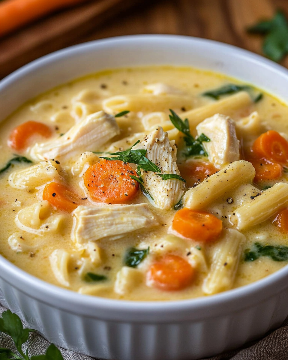Sopa Cremosa de Pasta con Pollo, Zanahoria y Espinacas