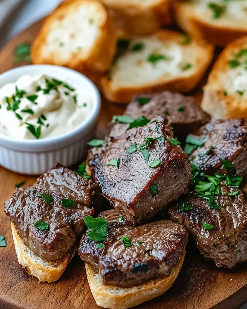 Bocados de Carne con Pan de Ajo y Crema de Rábano Picante First Image First Image