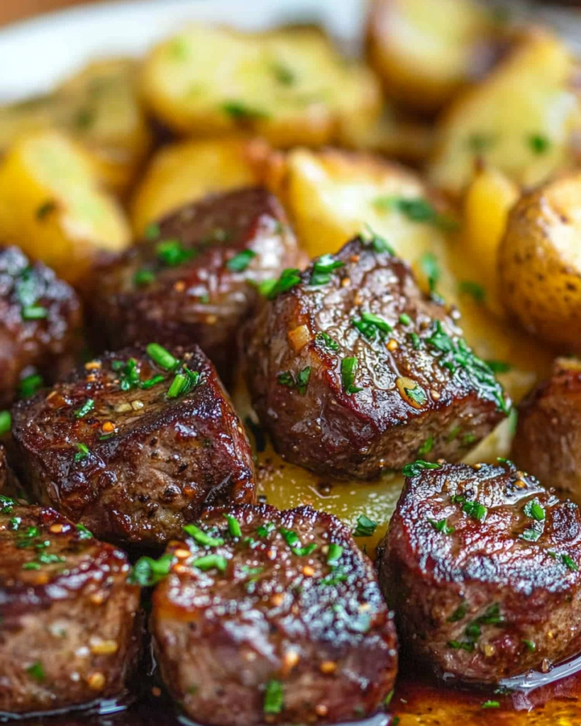 Bocados de Res al Ajo con Papas Crujientes