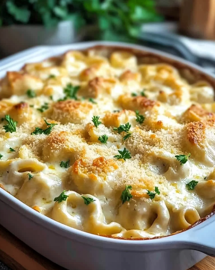 Cazuela de Tortellini Alfredo con Pollo