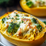 Delicia de Espagueti de Calabaza Rellena de Pollo, Brócoli y Queso