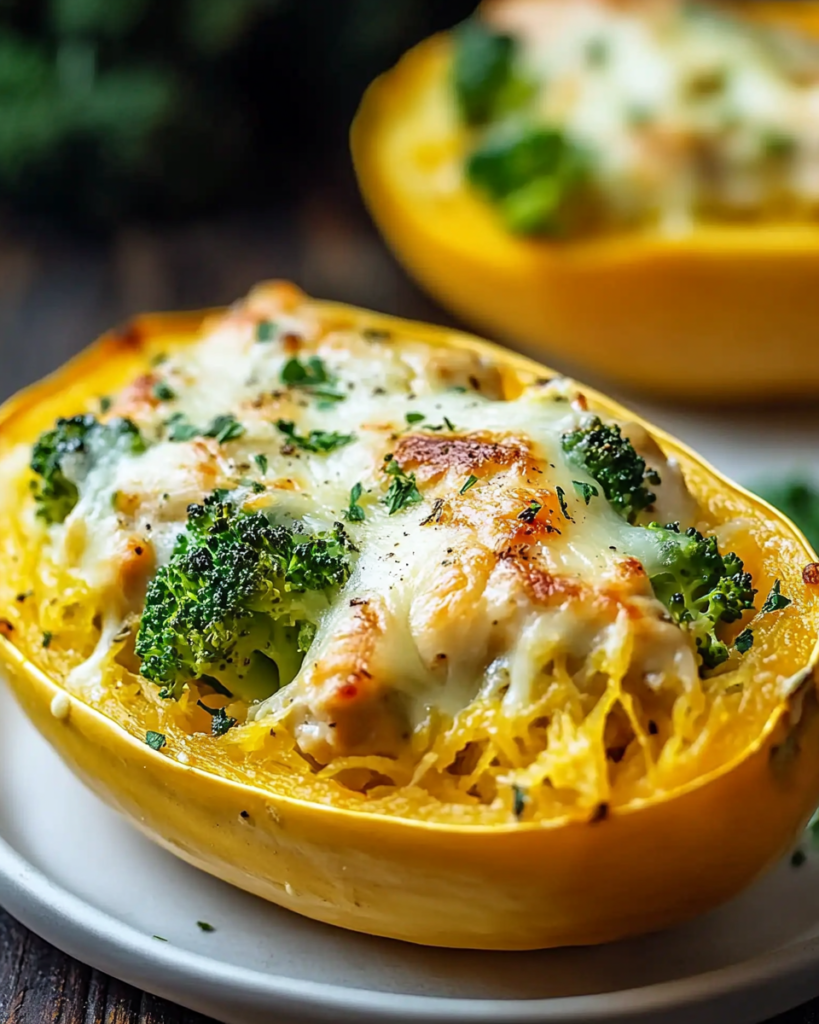 Delicia de Espagueti de Calabaza Rellena de Pollo, Brócoli y Queso
