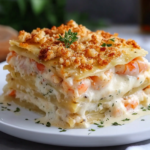Lasaña de Camarones y Cangrejo con Salsa Alfredo y Pan Rallado Tostado