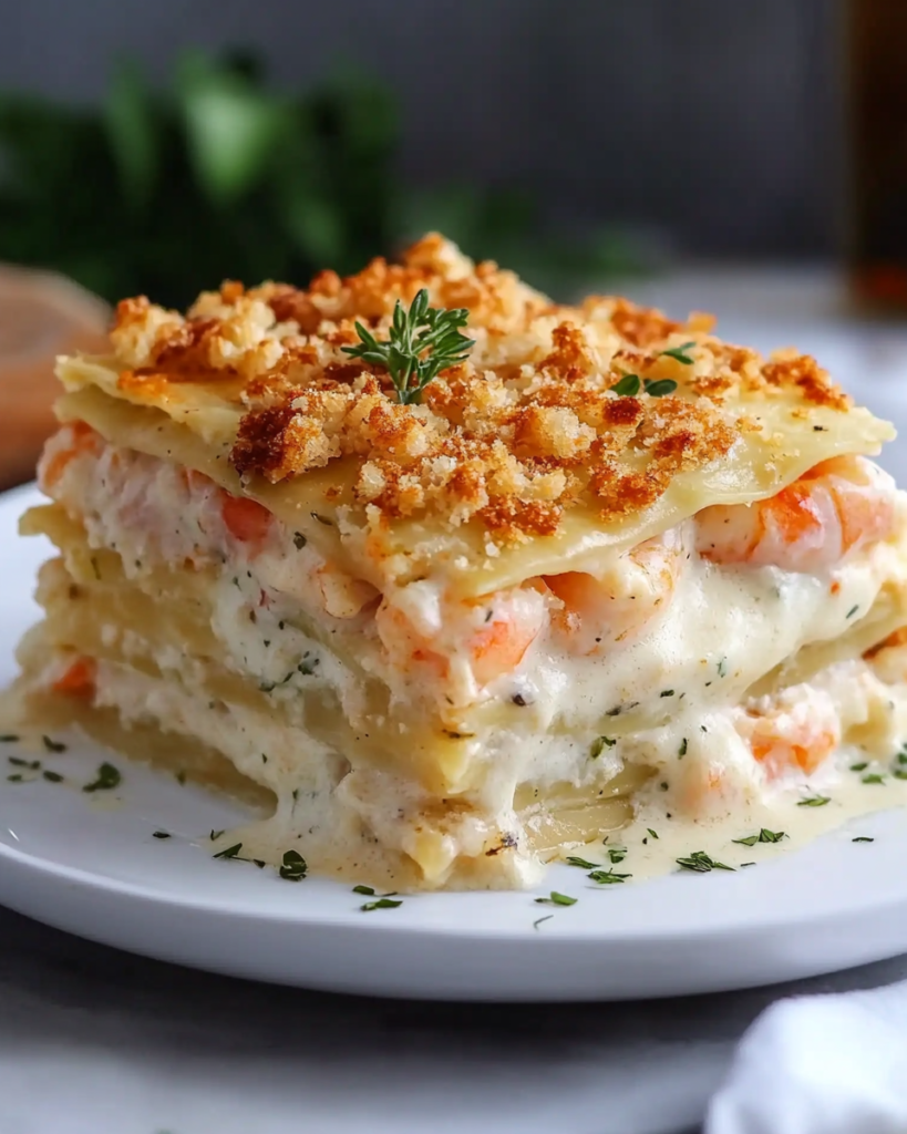 Lasaña de Camarones y Cangrejo con Salsa Alfredo y Pan Rallado Tostado