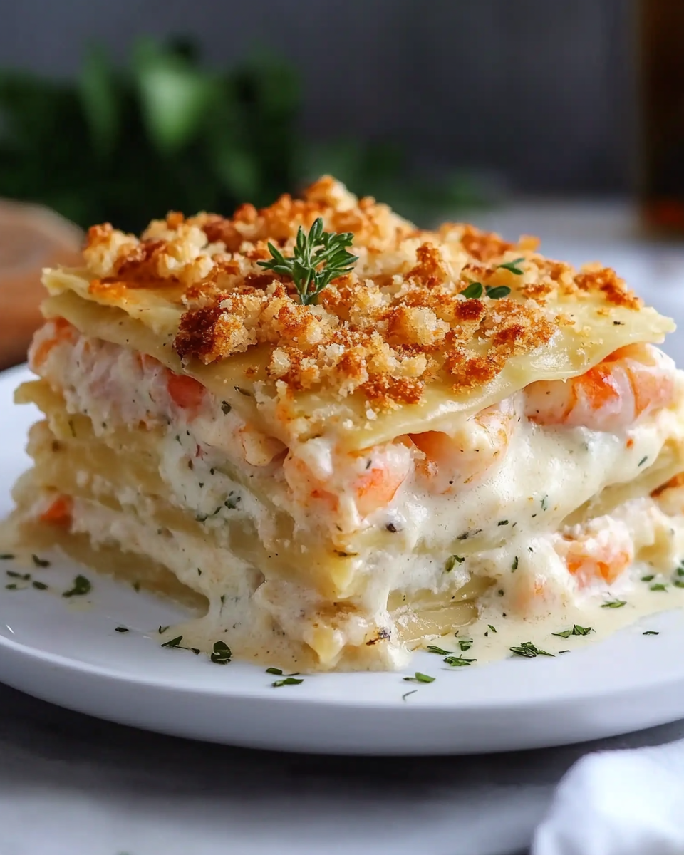 Lasaña de Camarones y Cangrejo con Salsa Alfredo y Pan Rallado Tostado
