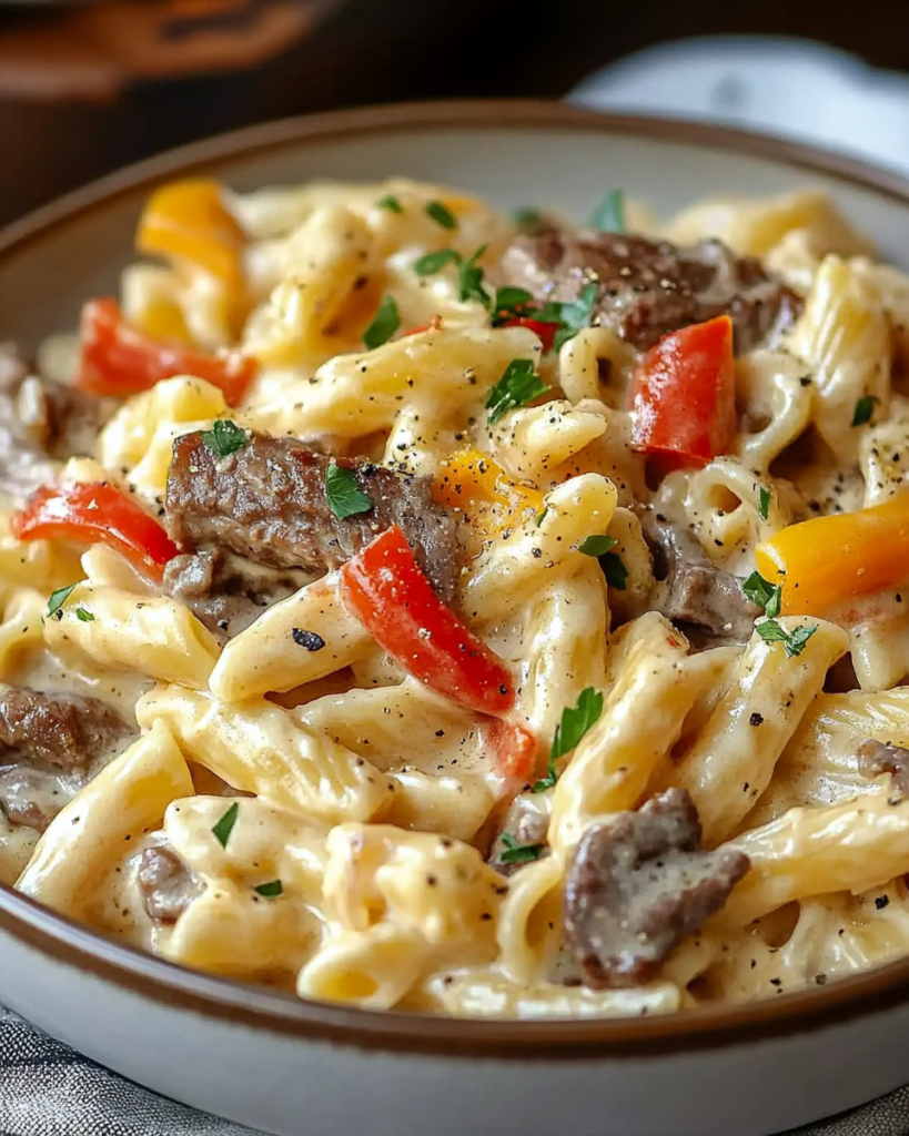 Pasta Cremosa al Estilo Philly Cheesesteak