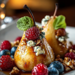 Peras al horno con bayas, miel, nueces y queso azul
