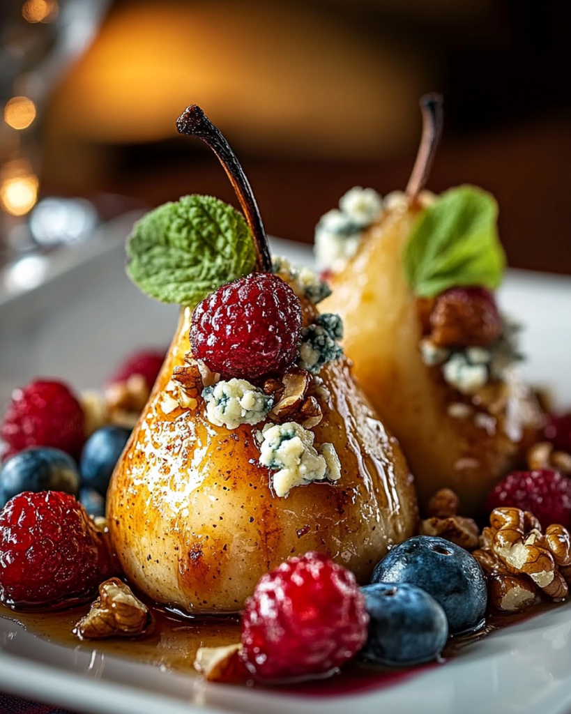 Peras al horno con bayas, miel, nueces y queso azul
