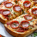 Pizza de Pan Francés con Mantequilla de Ajo, Pepperoni y Queso
