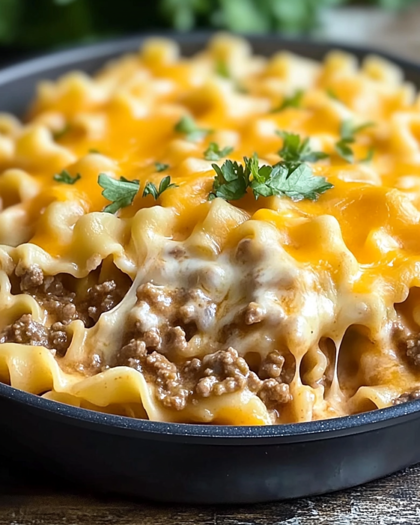 Sartén de Carne y Fideos con Queso