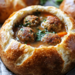 Sopa Sustanciosa de Albóndigas en Tazón de Pan