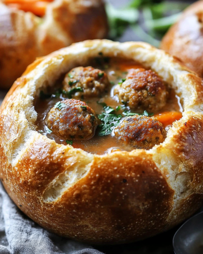 Sopa Sustanciosa de Albóndigas en Tazón de Pan