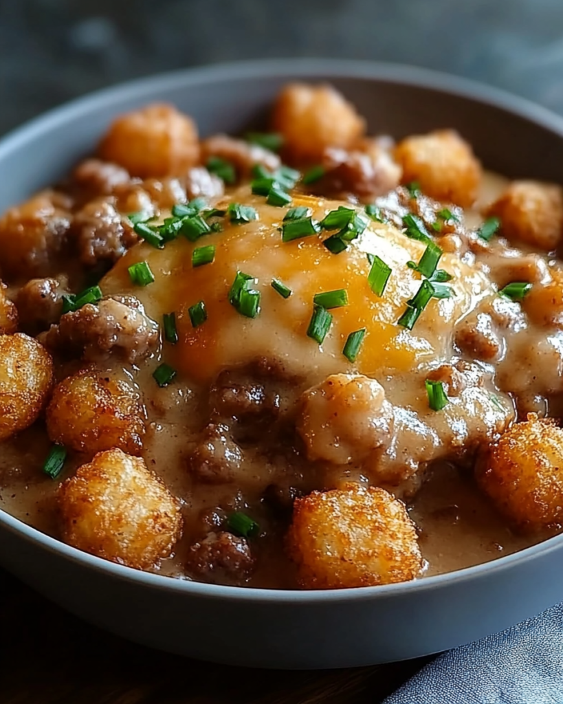 Tazón de Desayuno con Tater Tots y Salsa de Salchicha