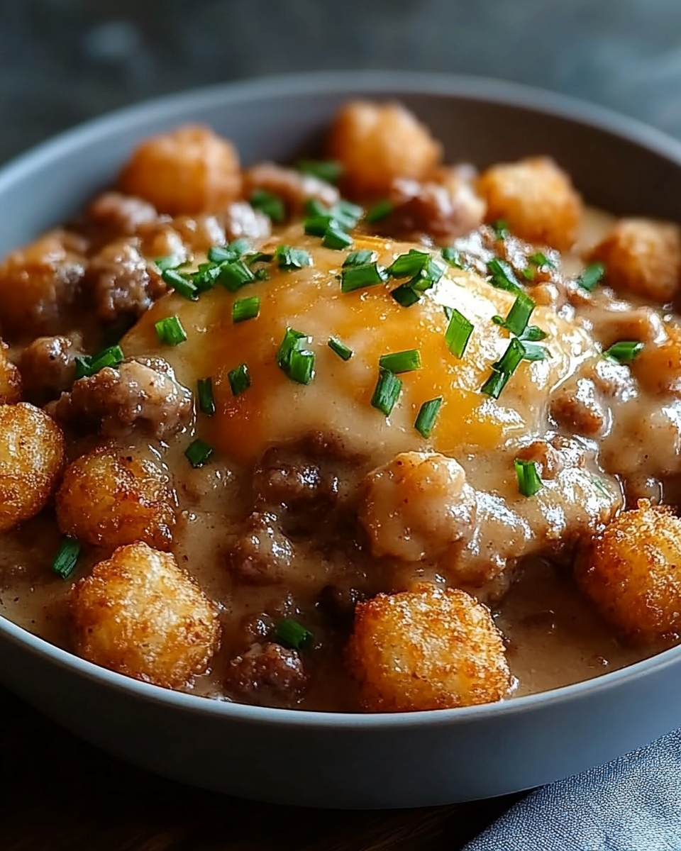 Tazón de Desayuno con Tater Tots y Salsa de Salchicha
