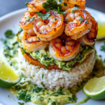 Torre de Arroz con Camarones al Miel y Limón con Salsa Cremosa de Aguacate y Cilantro