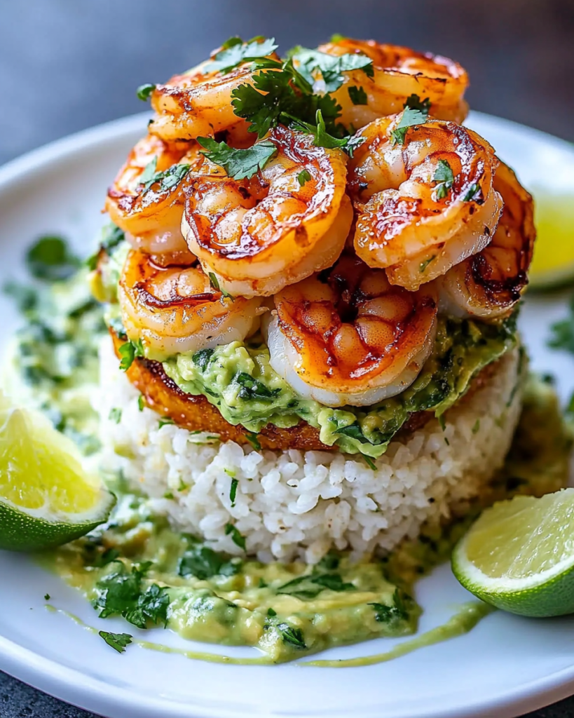Torre de Arroz con Camarones al Miel y Limón con Salsa Cremosa de Aguacate y Cilantro