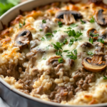 Cazuela Cremosa de Champiñones, Carne y Arroz