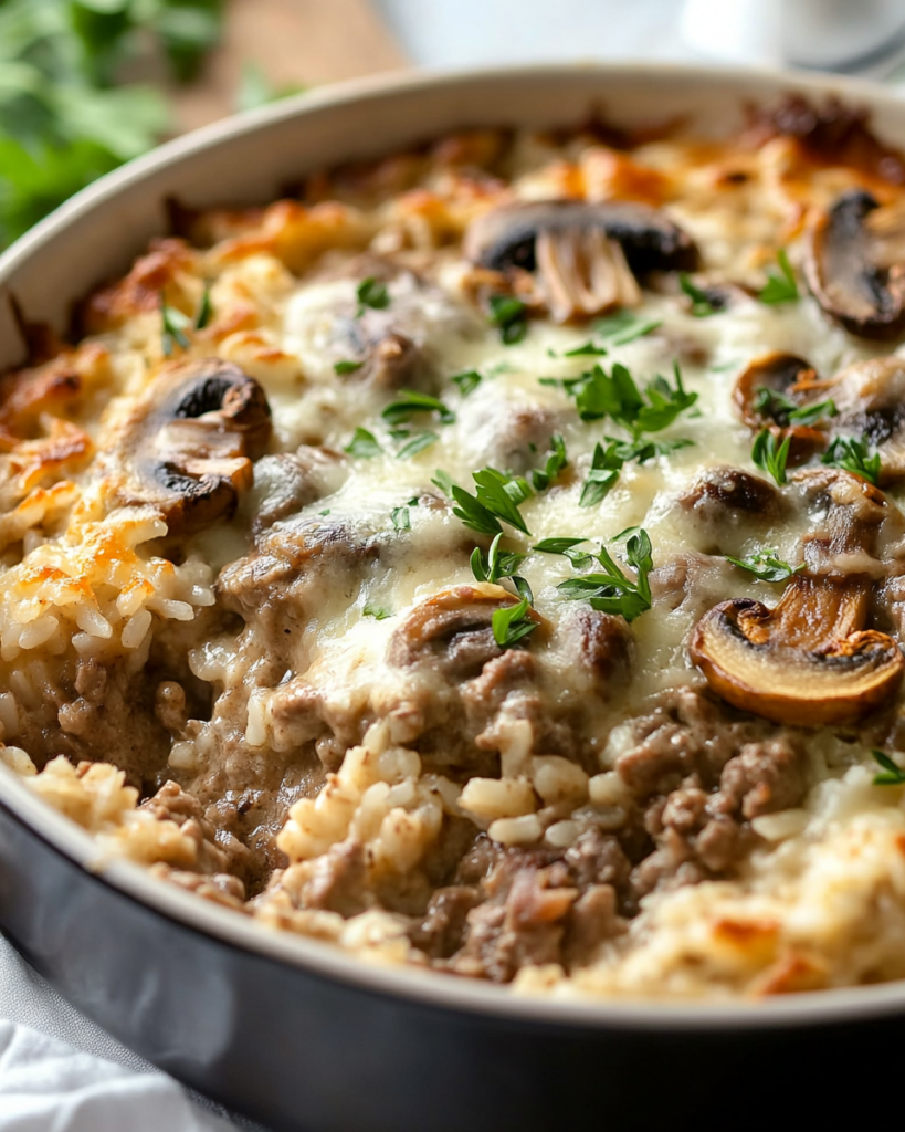 Cazuela Cremosa de Champiñones, Carne y Arroz