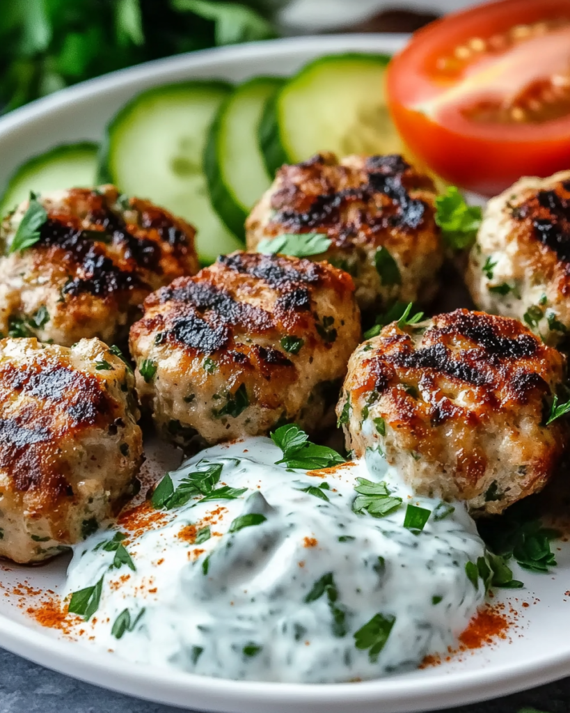 Koftas de Pollo Sabrosas con Salsa de Yogur de Ajo Cítrico