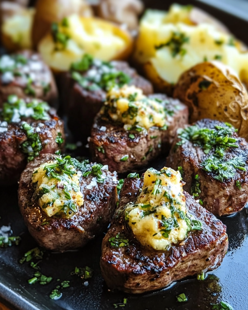 Papas al Horno Rellenas de Bocados de Carne Asada con Mantequilla de Ajo y Hierbas