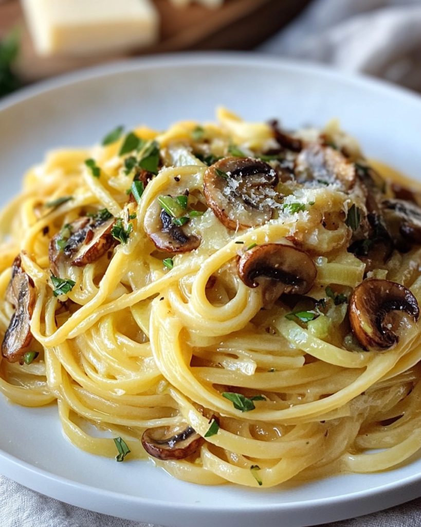 Pasta con Puerros Caramelizados y Champiñones al Gruyère