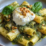Rigatoni al Pesto de Limón con Burrata y Piñones Tostados
