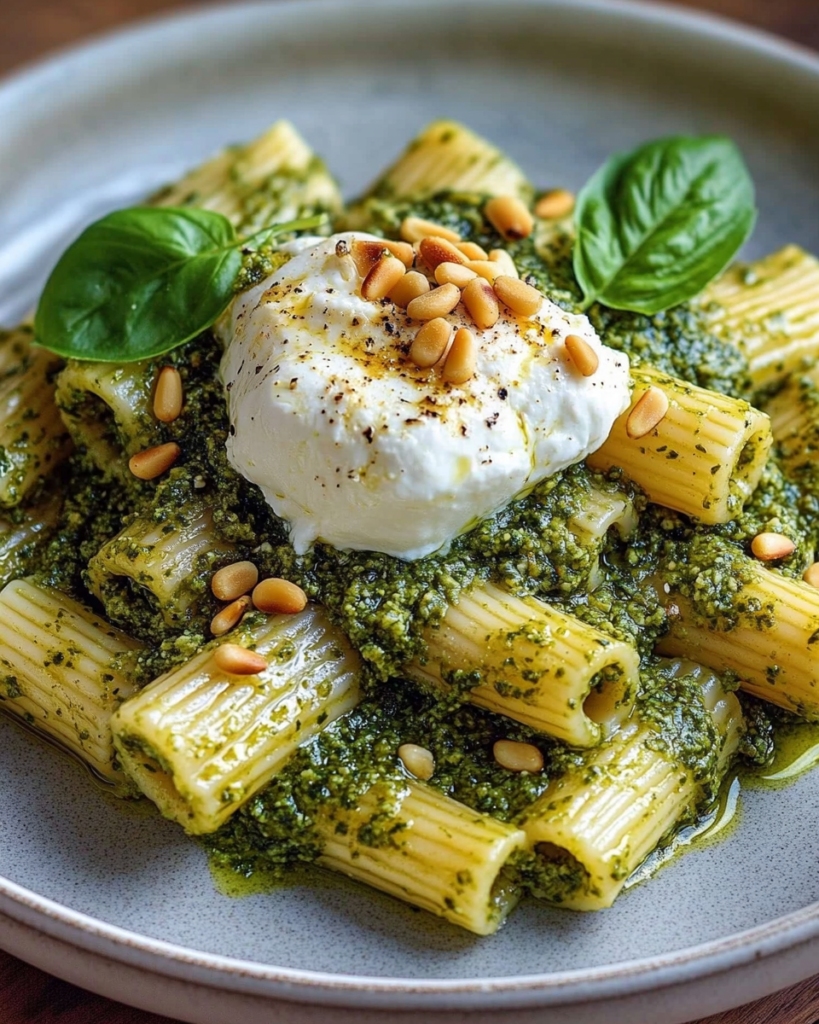 Rigatoni al Pesto de Limón con Burrata y Piñones Tostados