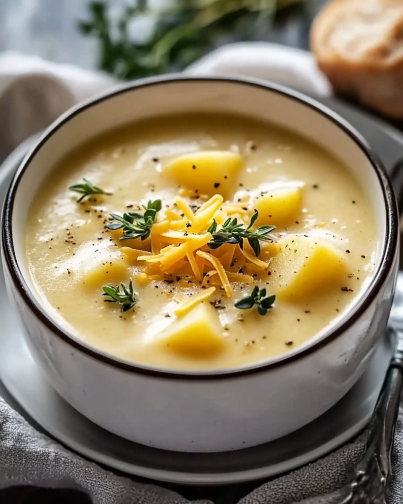 Sopa Sustanciosa de Patatas con Cheddar, Ajo y Hierbas