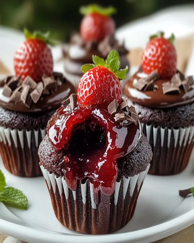 Cupcakes de Chocolate con Mermelada de Fresa First Image First Image