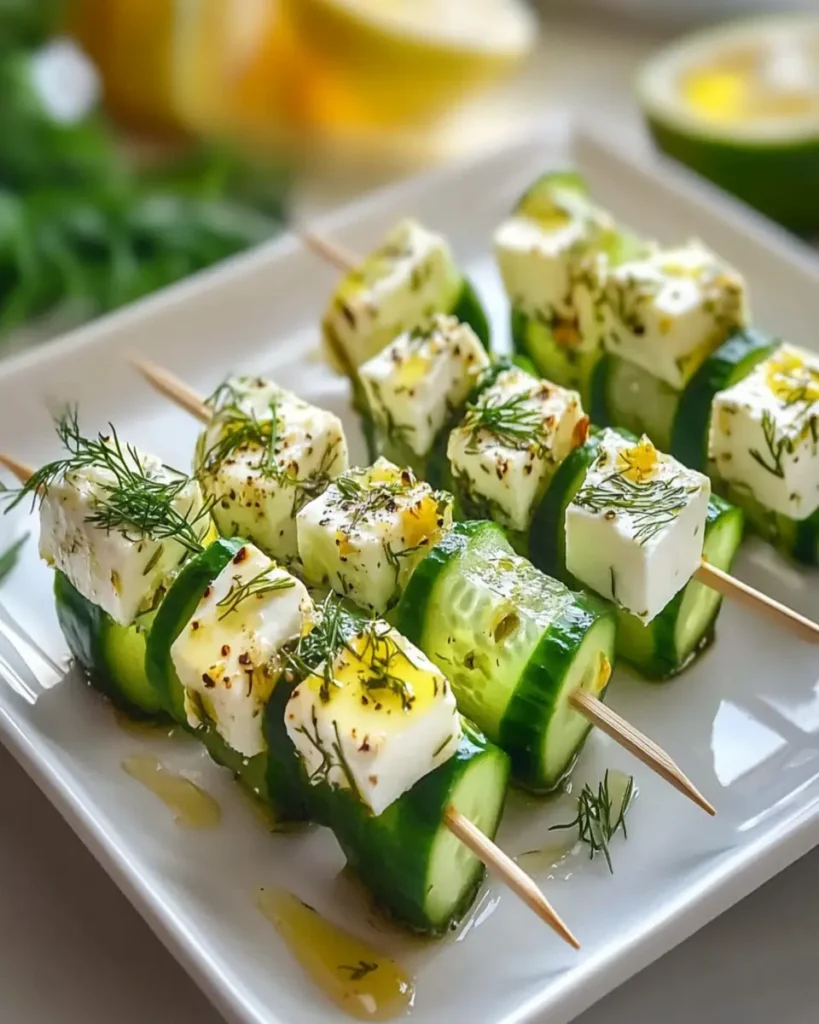 Brochetas de Pepino y Feta con Eneldo y Ralladura de Limón First Image First Image
