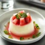 Pudín de Leche Delicioso con Ensalada de Sandía, Fresa y Menta en Gelatina de Rosa First Image First Image