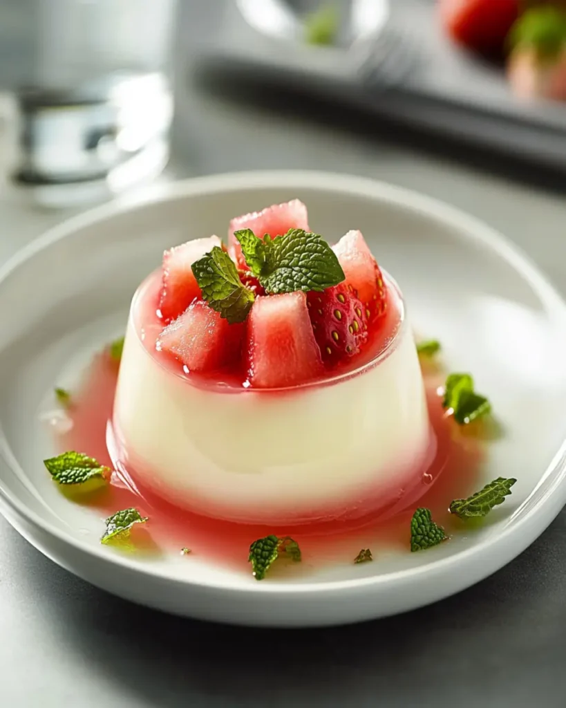 Pudín de Leche Delicioso con Ensalada de Sandía, Fresa y Menta en Gelatina de Rosa First Image First Image