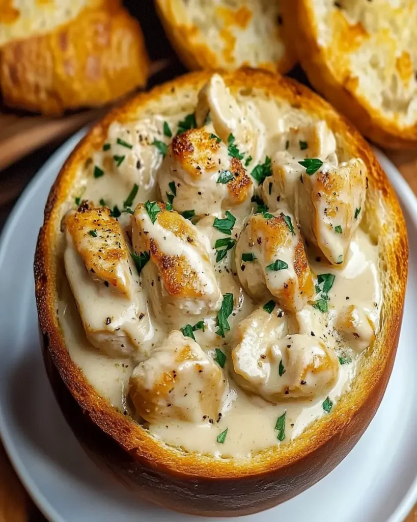 Tazones de Pan con Pollo Alfredo y Ajo First Image First Image
