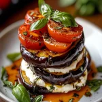 Torre de Burrata y Berenjena Asada con Queso Crema, Tomates Dulces y Albahaca First Image First Image