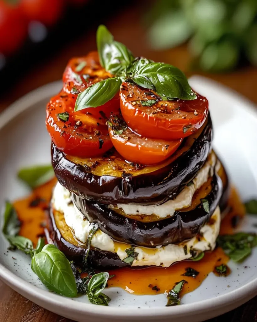 Torre de Burrata y Berenjena Asada con Queso Crema, Tomates Dulces y Albahaca First Image First Image