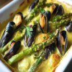 Gratin de espárragos verdes con mejillones y curry First Image First Image