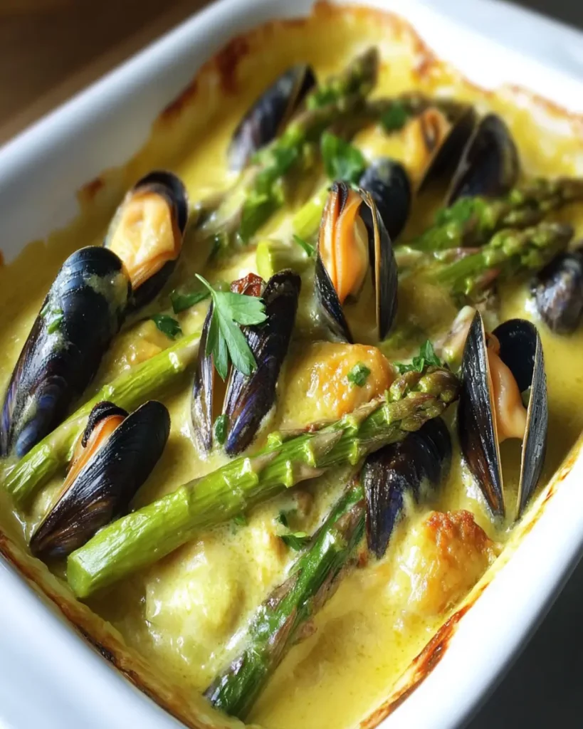 Gratin de espárragos verdes con mejillones y curry First Image First Image